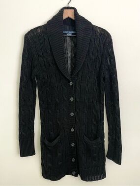 Ralph Lauren Blue Label Black Cable-Knit Shawl Collar Cardigan 100% Linen